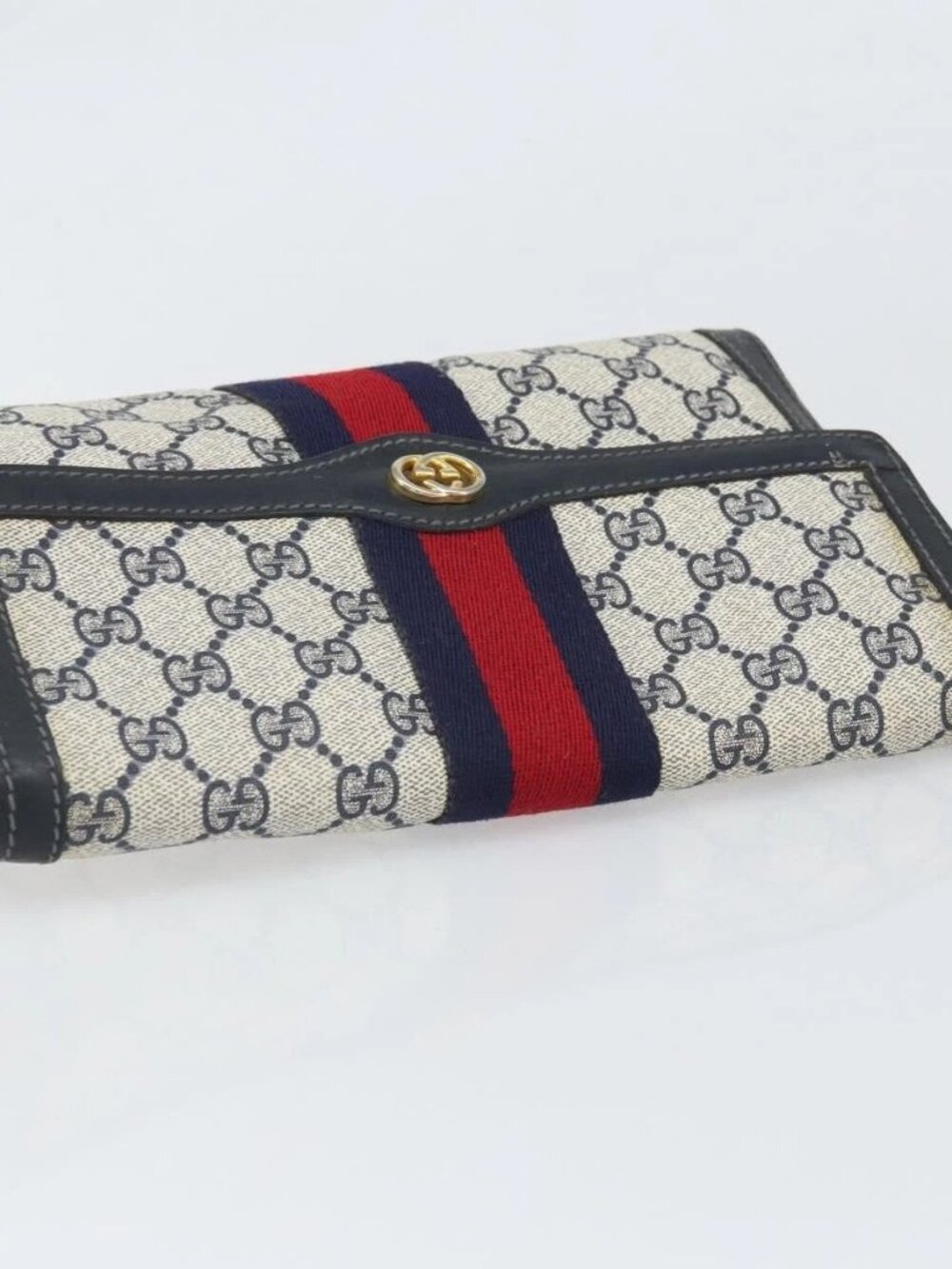 GUCCI GG Supreme Sherry Line Clutch Bag PVC Navy Gold 3 - Picture 9 of 16